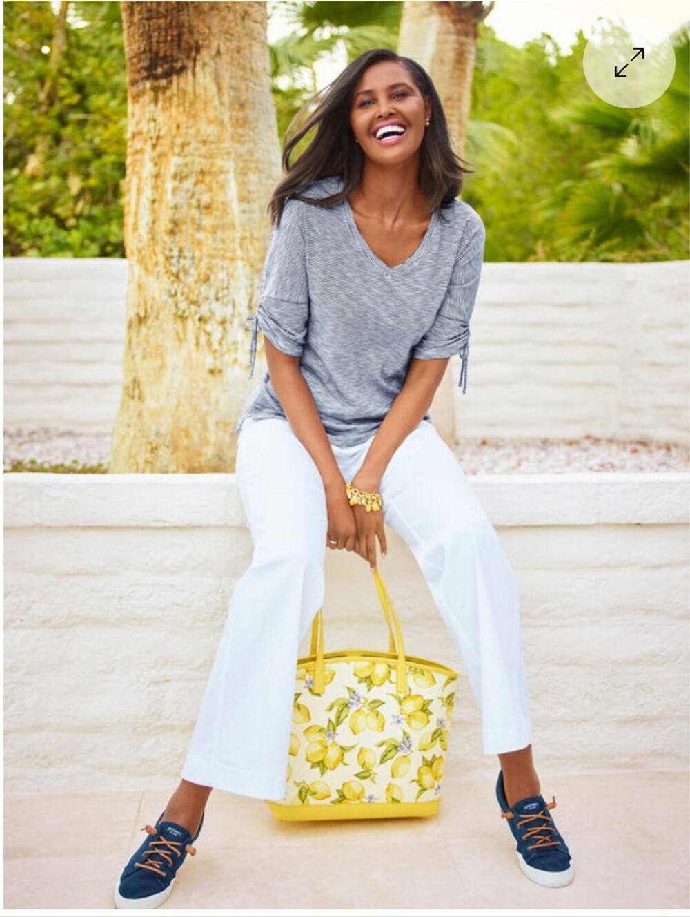 Talbots Lemon Blossom Large Cotton Canvas and Real Leather Perfect Tote Bag